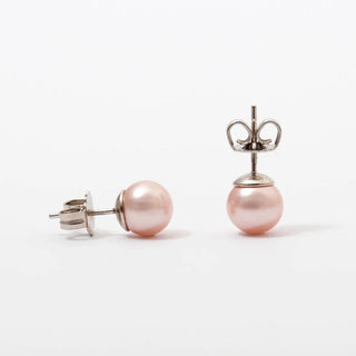 Sterling Silver Rhodium Plated Stud Earrings, 6mm Round Rose Pearls, Lyra Collection