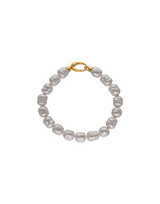 Sterling Silver Gold Plated Long Bracelet for Women with Organic Pearl, 8mm Baroque White Pearl, 19cm Long, Ágora Collection