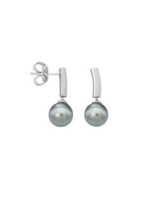 Sterling Silver Rhodium Plated Earrings for Women with Short Post and Organic Pearl, 8mm Round Grey Pearl, Espiga Collection