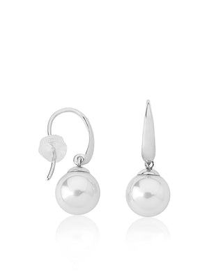 Sterling Silver Rhodium Plated Short Fish Wire Earrings, for Women with Organic Pearl, 10mm Round White Pearl, Nuada Collection