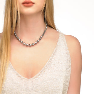 Sterling Silver Rhodium Plated Choker Necklace for Women with Organic Pearl, 6/7/8/9/10mm Round Grey Pearl, 43/48cm Long, Lyra Collection