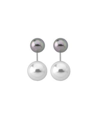 Sterling Silver Rhodium Plated Short Earrings for Women with Post Clasp and Organic Pearl, 8/10mm Round White and Grey Pearl, Jour Collection