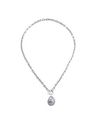 Short Necklace 48cm Ling in Metal Rhodium-Plated, 14mm Baroque Grey Pearls, Tender Collection