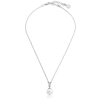 Rhodium Plated Choker Necklace, 37/42cm Length, with Organic Simulated Round White Pearls and Zircons, Lilit Collection