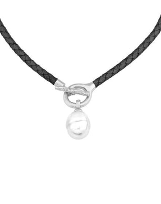 Black Leather Choker Necklace, 40cm Length, with Stainless Steel, 16mm Baroque White Pearl, Menorca Collection