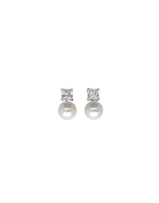 Short Earrings with Post Clasp in Silver Rhodium-Plated, 10mm White Round Pearls and Zircons, Satis Collection