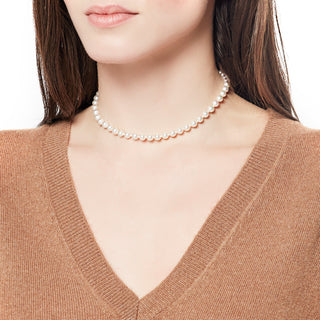 Sterling Silver Gold Plated Short Necklace for Women with Organic Pearl, 6mm Round White Pearl, 32/40cm Long, Ballet Collection