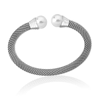 Bracelet Bangle 46x58mm in Steel Rhodium-Plated, 10mm Round White Pearl, Spicy Collection