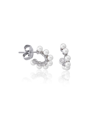 Sterling Silver Rhodium Plated Small Hoop 12.5 mm, Earrings, for Women with Post and Organic Pearl, 3mm Round White Pearl, Ada Collection