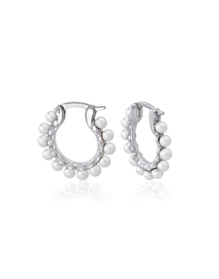 Sterling Silver Rhodium Plated Medium Hoop 18mm, Earrings, for Women with Post and Organic Pearl, 3mm Round White Pearl, Ada Collection