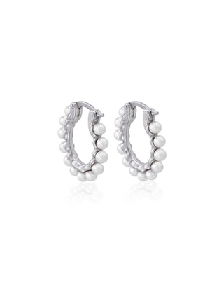 Sterling Silver Rhodium Plated Medium Hoop 18mm, Earrings, for Women with Post and Organic Pearl, 3mm Round White Pearl, Ada Collection