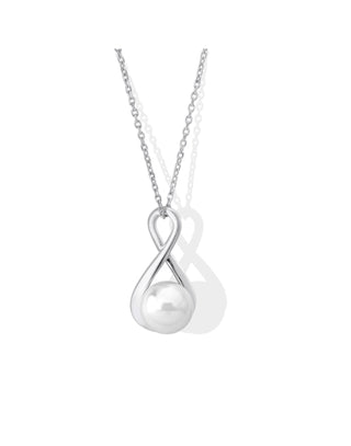Sterling Silver Rhodium-Plated Pendant Necklace for Women with 10mm Round White Pearl, 16"/18" Necklace Length, Duna Collection