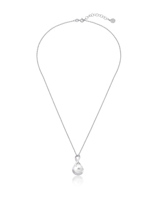 Sterling Silver Rhodium-Plated Pendant Necklace for Women with 10mm Round White Pearl, 16"/18" Necklace Length, Duna Collection