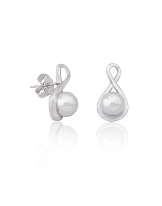 Sterling Silver Rhodium Plated Earrings, for Women with Short Post and Organic Pearl, 8mm Round White Pearls, Duna Collection