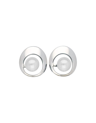 Steel Short Stud Earrings, for Women with Organic Pearl Short Stud Earrings in steel, 10mm Round White Pearls.
