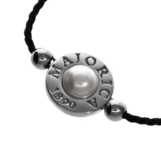 Black Braided Steel Bracelet for Women with 6mm Half Ball White Pearl, Adjustable 8.6" Length, Lipari Collection