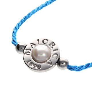 Blue Braided Steel Bracelet for Women with 6mm Half Ball White Pearl, Adjustable 8.6" Length, Lipari Collection