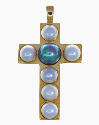 Gold Plated Silver Pendant for Women with 6mm and 8mm Half Round White and Tahiti Pearls, Cruces Collection