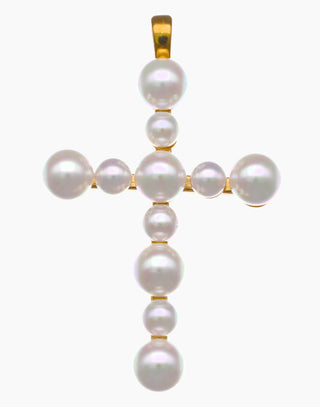 Gold Plated Silver Pendant for Women with 4mm and 6mm Half Round White Pearls, Cruces Collection