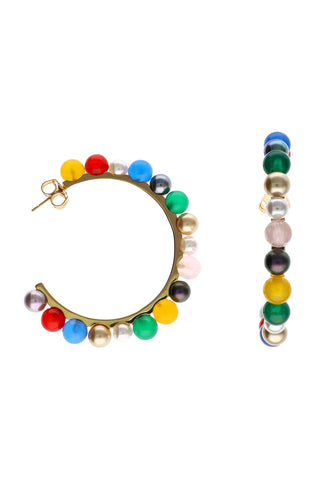 Gold Plated Silver Hoop Earrings with Multicolor Quartz and 6mm Round White Pearls, Tutti Frutti Collection