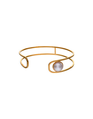  Sterling Silver Gold Plated Adjustable Bangle Bracelet for Women with Organic Pearl, 10mm Half Ball White Pearl, 93cm, Atenea Collection