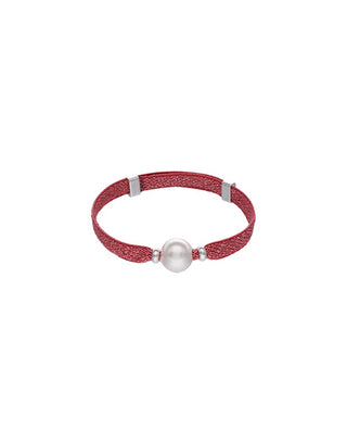 Circa Adjustable magenta elastic bracelet of silver threads with Simulated Organic White Round Pearl of 10mm.