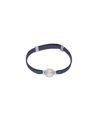Circa Adjustable blue elastic bracelet of silver threads with Simulated Organic White Round Pearl of 10mm.