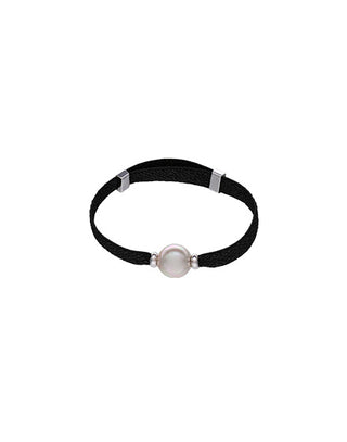 Circa Adjustable black elastic bracelet of silver threads with Simulated Organic White Round Pearl of 10mm