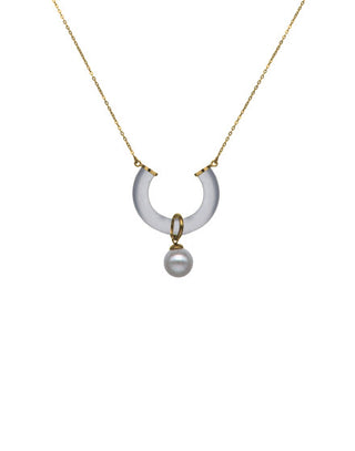 Sterling Silver Gold Plated Crystal Pendant Chain Necklace  for Women with Organic Pearl, 10mm Round White Pearl, Ayla Collection