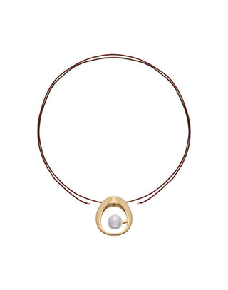Large pendant in gold plated steel with white round 14mm Simulated Organic Pearl and brown silk cord of 130cm length.