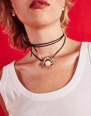 Large pendant in steel with white round 14mm Simulated Organic Pearl and black silk cord of 130cm length.