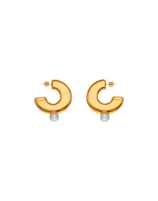 Large Gold plated steel hoop earrings with post clasp for men and women made with simulated organic pearls. Round white pearl 10mm, JUNO Collection.