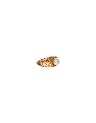 Gold plated silver cutout ring. Round white pearl of 8mm for men and women ETNA Collection