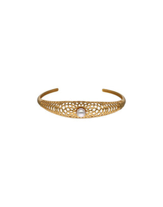 Gold plated silver cutout bangle. Round white pearl of 10mm for men and women ETNA Collection