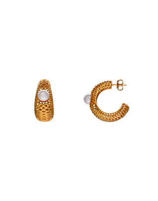 Gold plated silver cutout hoops. Round white pearl of 8mm for men and women ETNA Collection