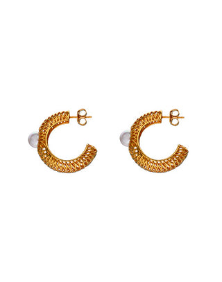 Gold plated silver cutout hoops. Round white pearl of 8mm for men and women ETNA Collection
