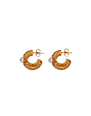 Gold plated silver cutout hoops. Round white pearl of 6mm for men and women ETNA Collection