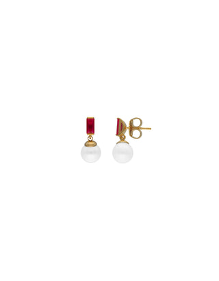 Gold plated short with post clasp, round white pearl of 8 mm, Rubi red zirconia, Selene Collection