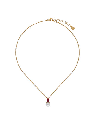 Sterling Silver Gold Plated Pendant With Chain, for Women with Organic Pearl, 8mm White Pearl, with Rubi Red Zirconias, Length 47cm, Selene Collection