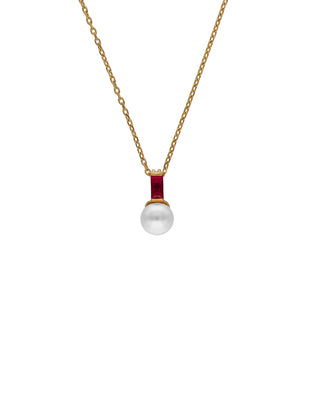 Sterling Silver Gold Plated Pendant With Chain, for Women with Organic Pearl, 8mm White Pearl, with Rubi Red Zirconias, Length 47cm, Selene Collection