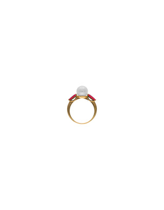 Sterling Silver Gold Plated Ring, for Women with Organic Pearl, 8mm White Pearl, with Rubi Red Zirconias, Selene Collection