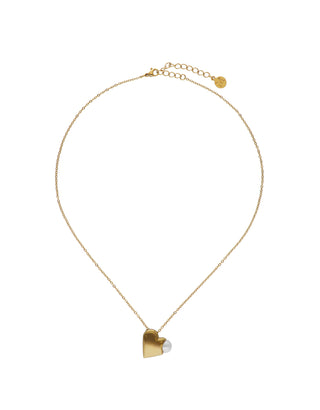 Heart pendant with chain in gold plated steel, round white pearl of 8mm, 40 cm length, Dolce Cuore Collection