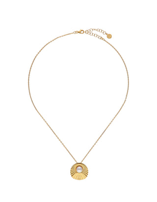 Gold Plated Stainless Steel Pendant With Chain for Women with Organic Simulated Pearls, 9mm Round White Pearl, 42cm Length, Le Palm Collection