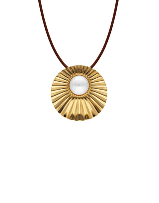 Gold Plated Stainless Steel Pendant Brown Silk Cord for Women with Organic Simulated Pearls, 14mm Round White Pearl, 51in Length, Le Palm Collection