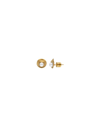 Gold Plated Stainless Steel Short Post Earrings for Women with Organic Simulated Pearls, 5mm Round White Pearl, Le Palm Collection