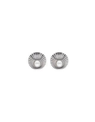 Stainless Steel Earrings With Omega Clasp for Women with Organic Simulated Pearls, 8mm Round White Pearl, Le Palm Collection