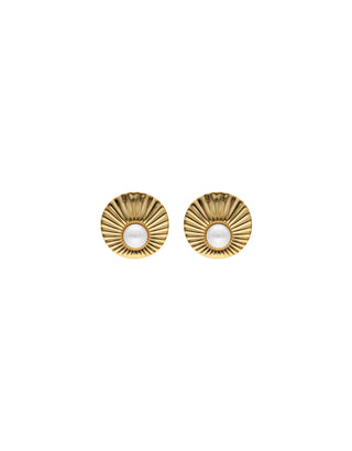 Gold Plated Stainless Steel Earrings With Omega Clasp for Women with Organic Simulated Pearls, 8mm Round White Pearl, Le Palm Collection