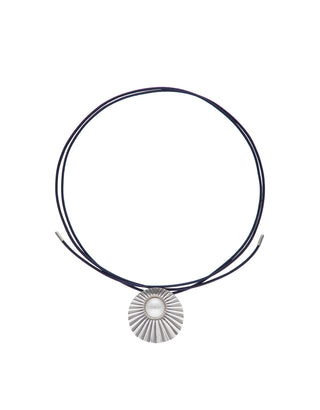 Stainless Steel Pendant Blue Silk Cord for Women with Organic Simulated Pearls, 14mm Round White Pearl, 51in Length, Le Palm Collection