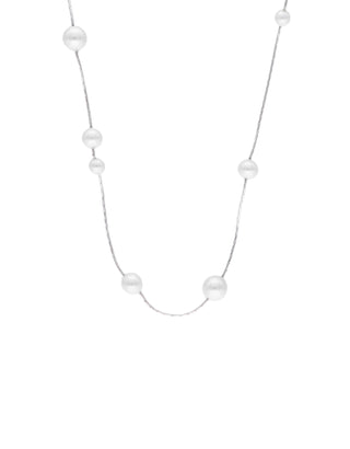 Sterling Silver Rhodium Plated Necklace for Women with Organic Simulated Pearl,  4-8mm White Round Pearls, 40cm Length, Dangle Collection