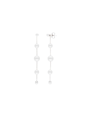 Sterling Silver Rhodium Plated Earrings for Women with Organic Simulated Pearls, 4-8mm White Round Pearls, 7cm Length, Dangle Collection